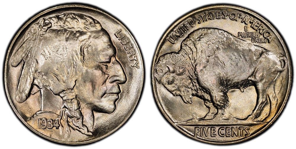 1934 Buffalo nickel obverse and reverse showing the Indian Head portrait and American bison design