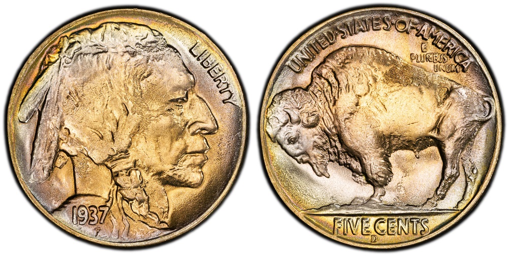 Side-by-side comparison of a genuine 1934-D Three-Legged Buffalo nickel reverse versus a normal 1934-D showing the difference in front right leg presence
