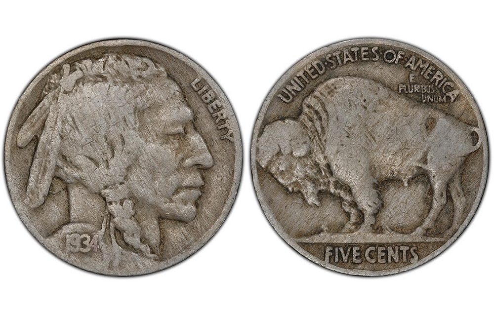 1934-D Buffalo nickel strike-through error showing an incuse impression on the bison's hump caused by debris caught between die and planchet during striking