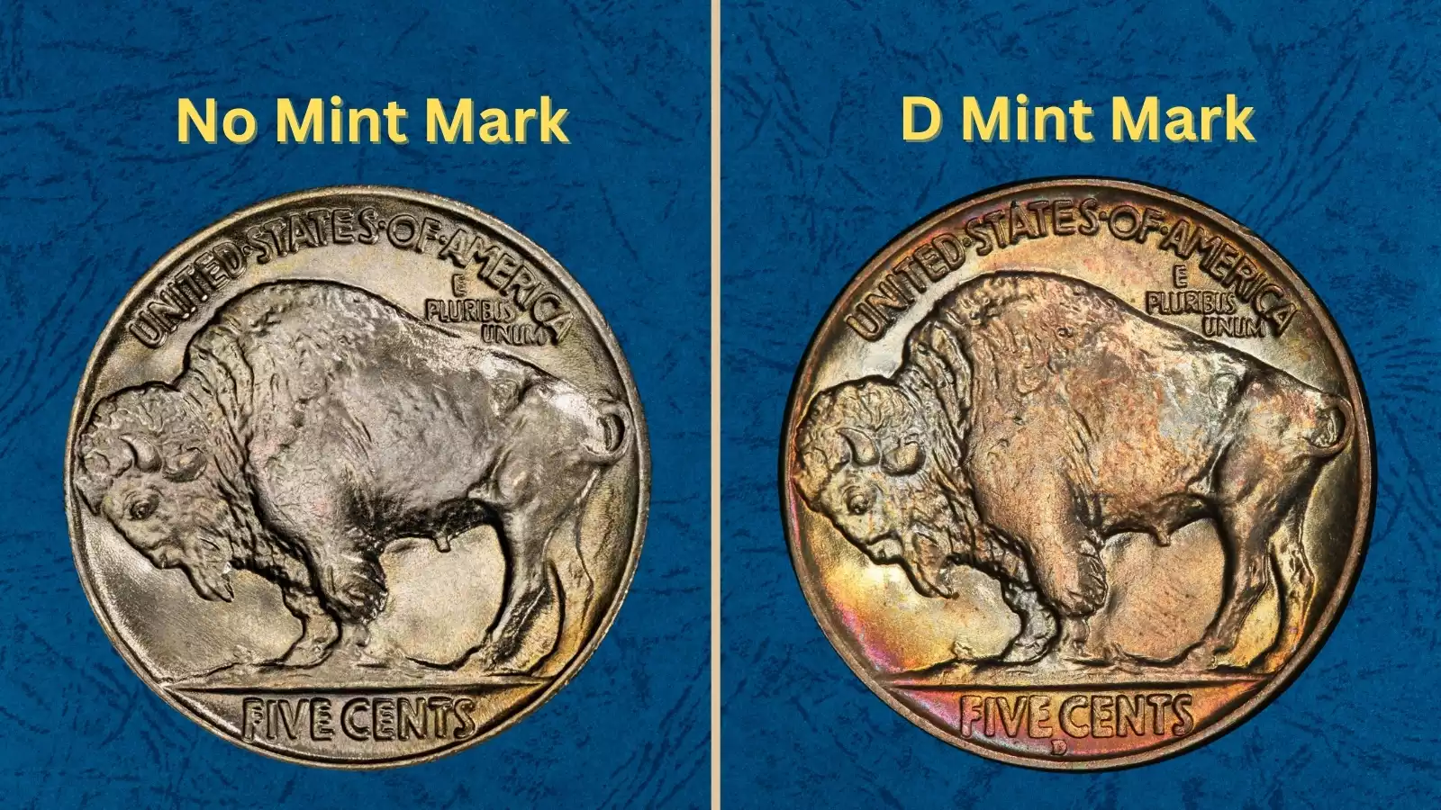 Group of 1934 Buffalo nickels showing range of grades from heavily worn to gem uncirculated, alongside a historical mint photo