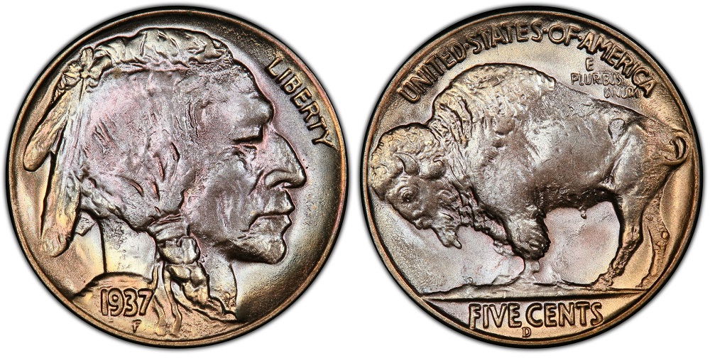 Grading strip showing four 1934 Buffalo nickels from Good through Mint State, illustrating progressive coin condition from worn to gem